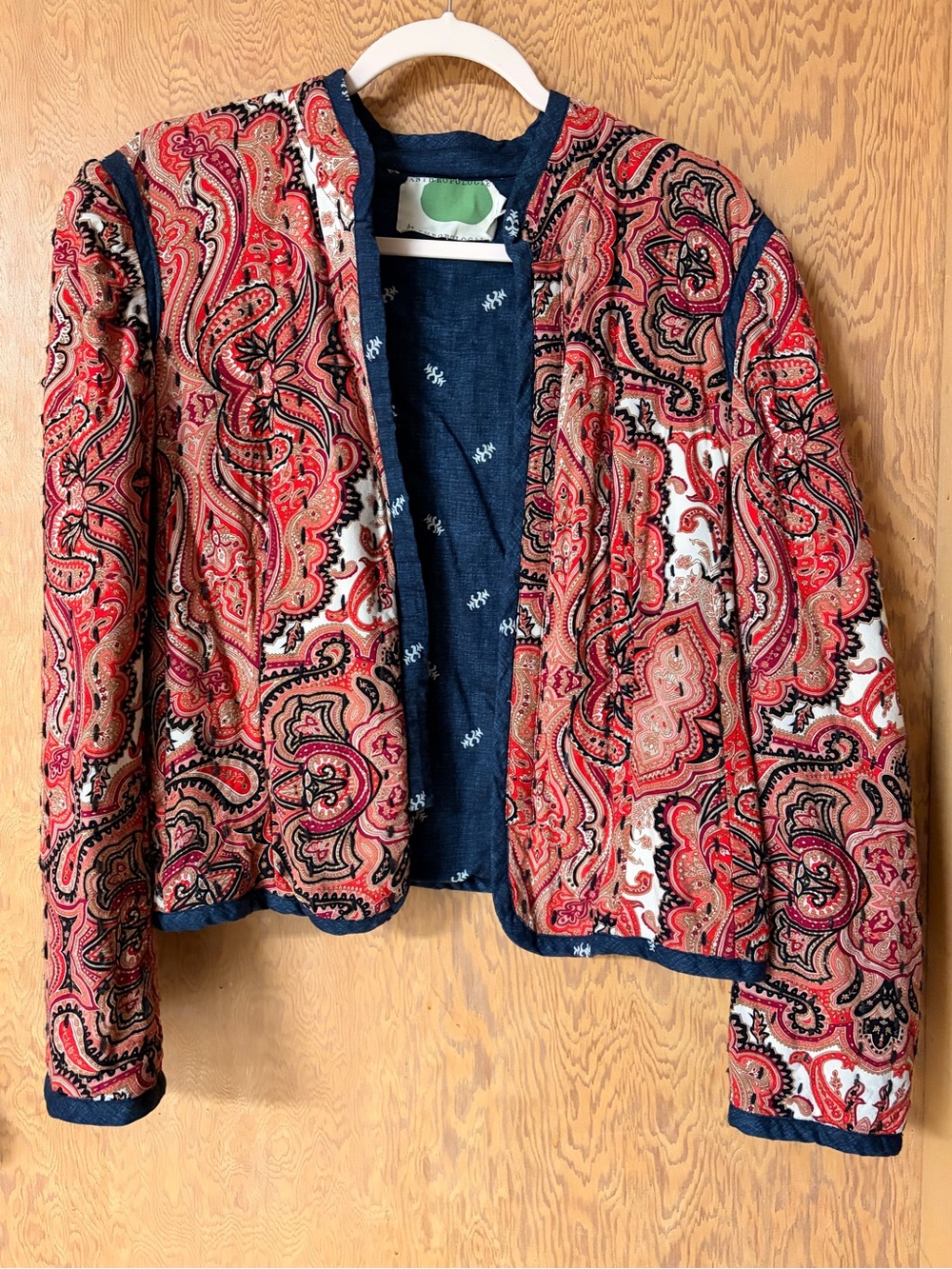 Anthropologie Red Paisley Quilted Open Blazer with Navy Trim